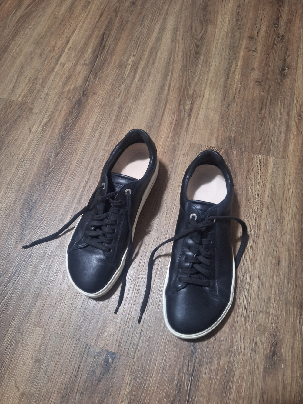 Birkenstock Black Leather Lace-Up Flats with White Trim